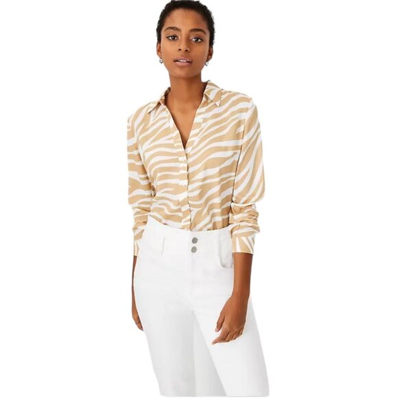 Ann Taylor Beige Zebra Stripe Essential Shirt, Long Sleeves Women's Size XXL - Picture 1 of 11